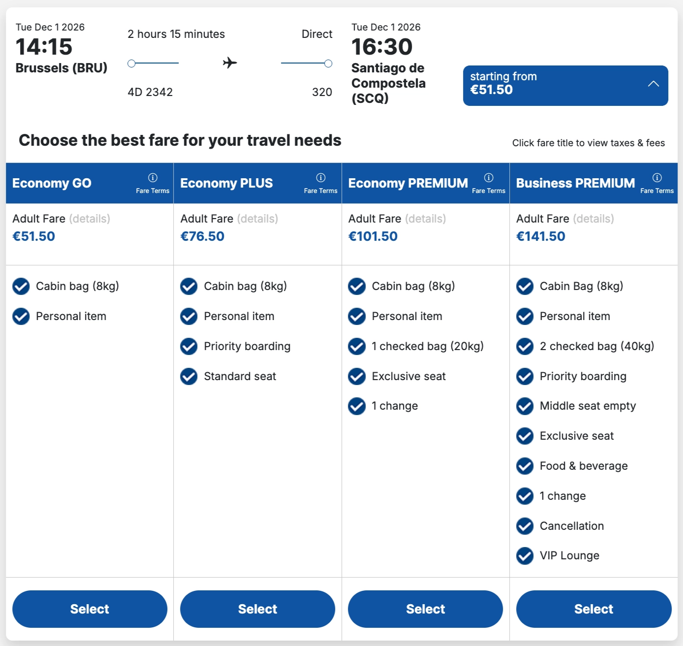 Overview of available fare classes on Fly2Galicia for BRU-SCQ on December 1, 2026